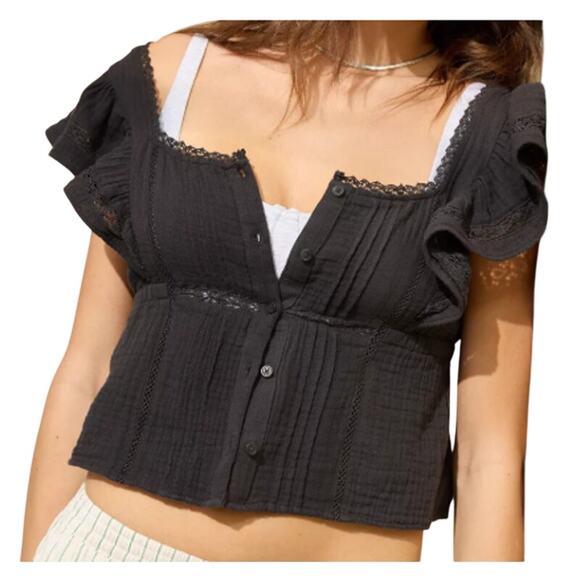 New Aerie Womens Small Button Front Ruffle Sleeve Smoked Gray 100% Cotton Top - Picture 1 of 4